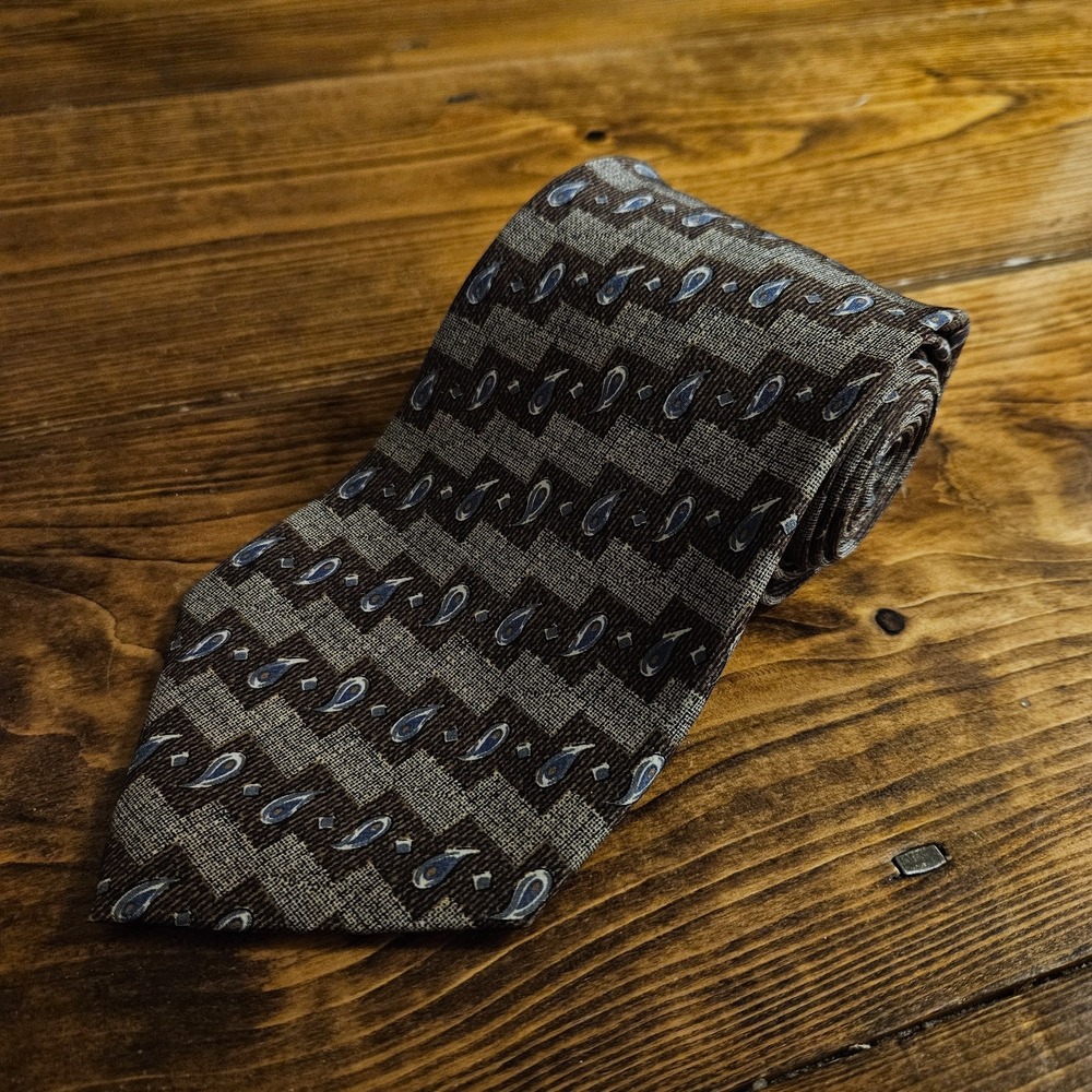 Perry Ellis Portfolio Tie 100% Italian Silk Made in USA Brown Blue Paisley 58"‎